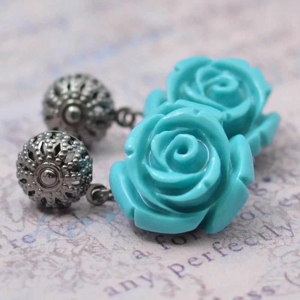 Turquoise Rose Silver Filigree Post Earrings